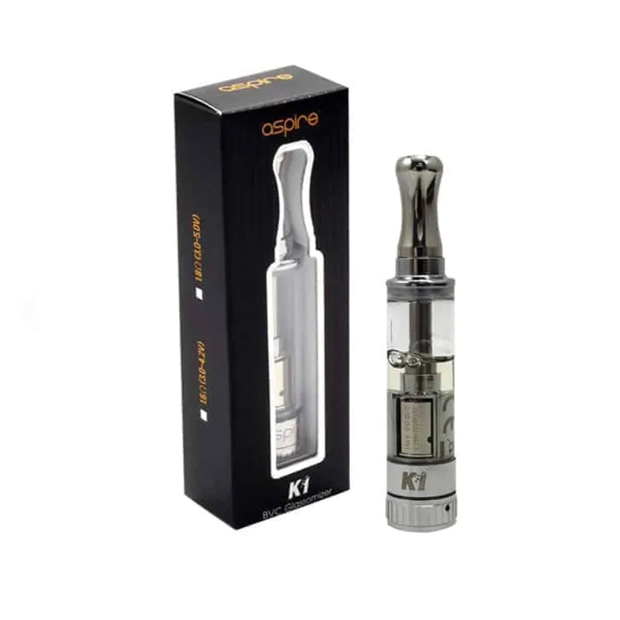 Aspire K1 Tank with 'aspire' branding next to its packaging on a white background