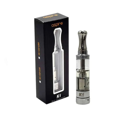 Aspire K1 Tank with 'aspire' branding next to its packaging on a white background