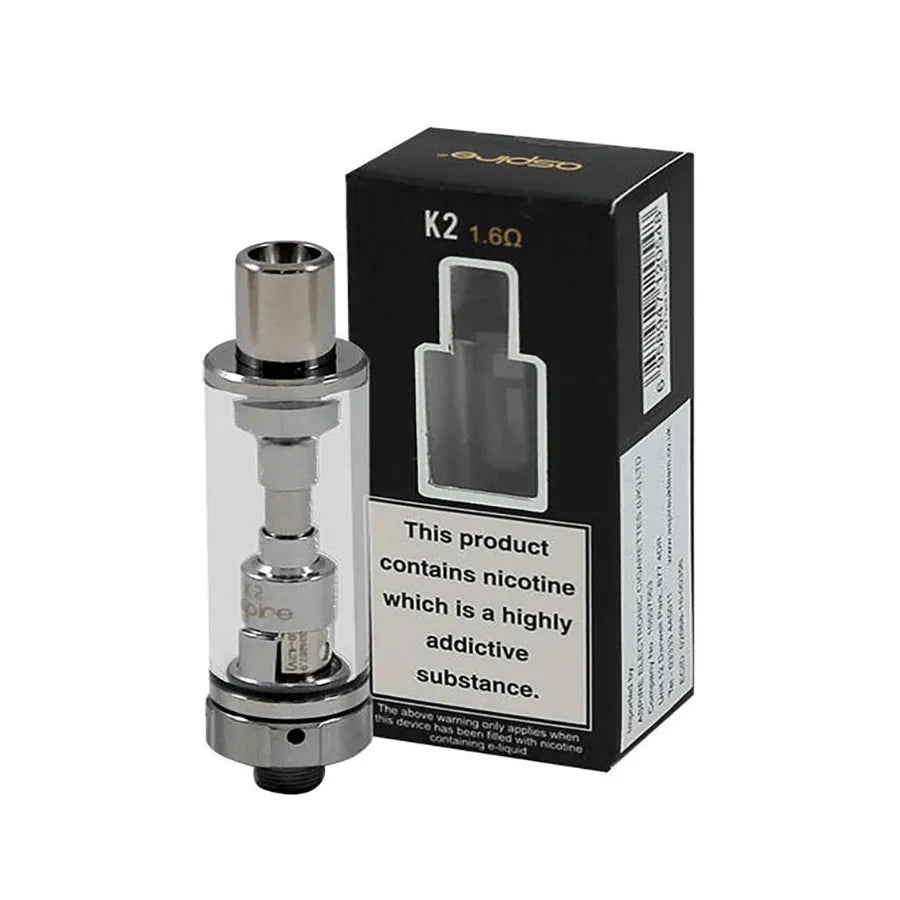 Aspire K2 tank device and packaging with nicotine warning label on a white background