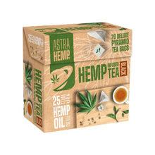 Box of Astra Hemp Infused Hemp Tea with tea bags and hemp oil labels on a white background