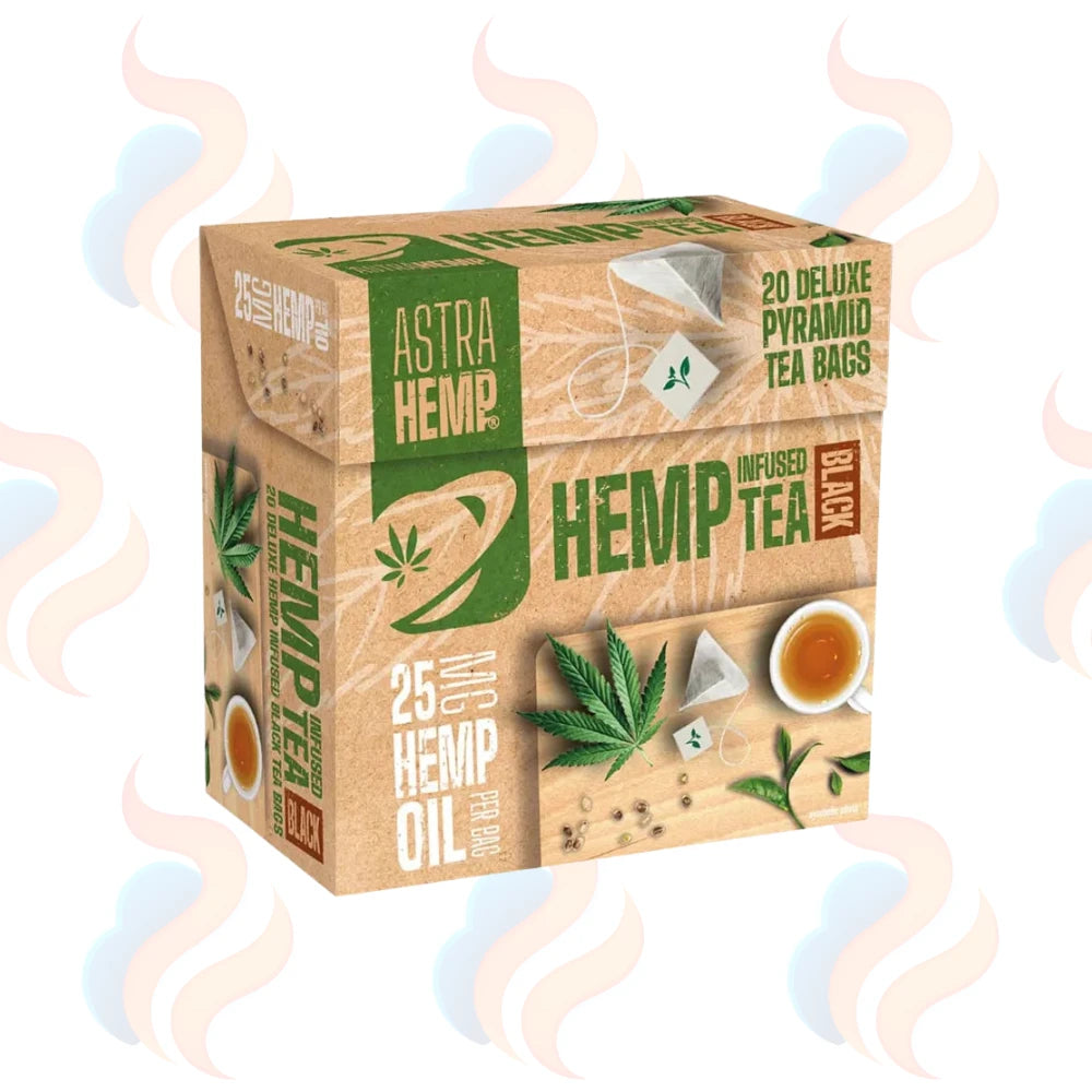 Box of Astra Hemp Infused Hemp Tea with tea bags and tea leaves on a white background