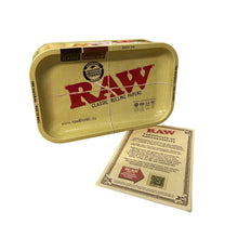 RAW rolling papers tray, tin and certification sheet on a white background