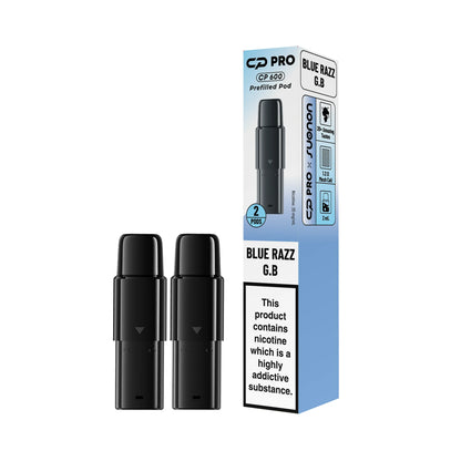 Two Suonon x CP Pro CP600 vape pods in Blue Razz GB flavour with packaging on a white background