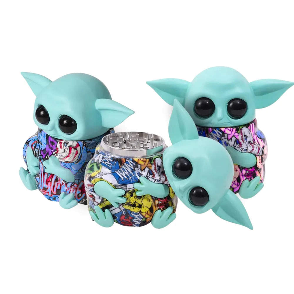 Three colourful Yoda-inspired grinders on a white background