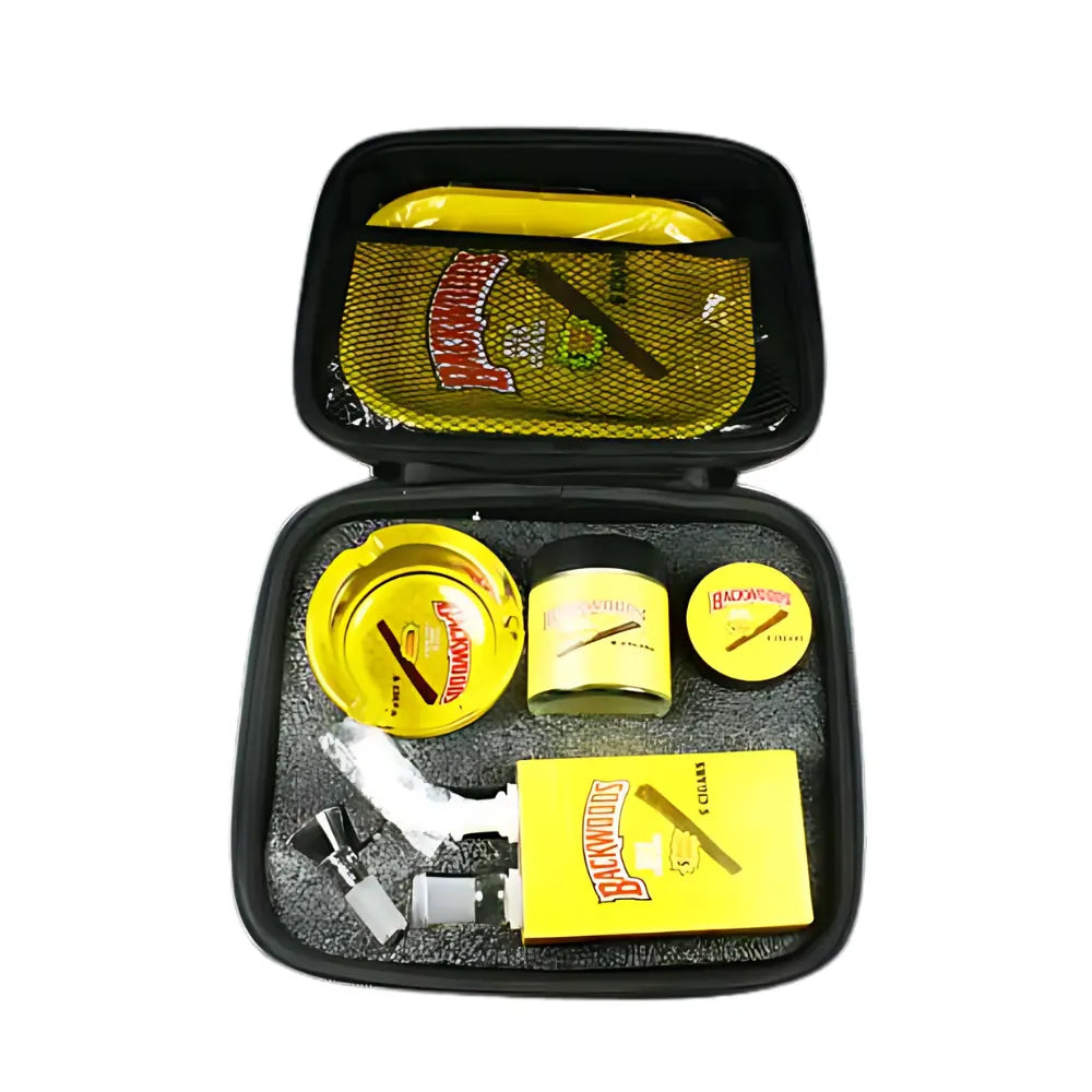 Yellow themed rolling tray set with Backwoods design on a white background