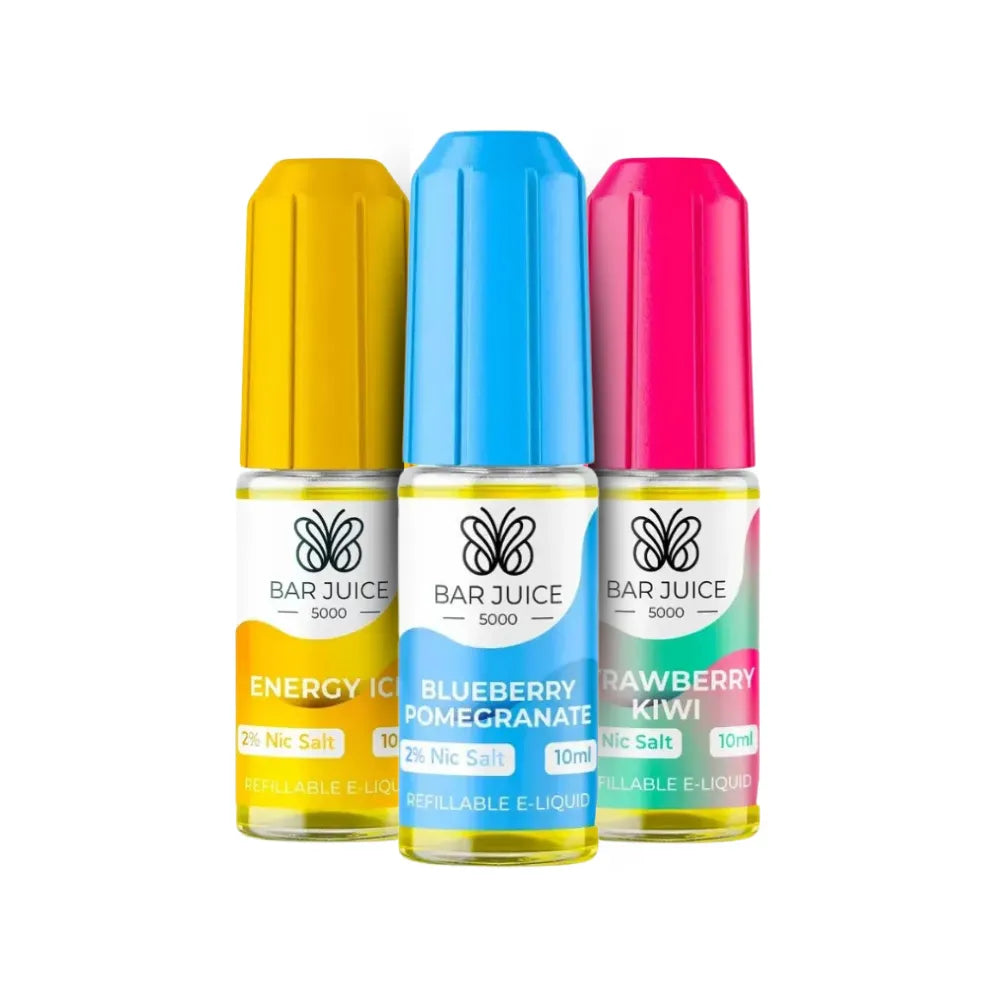 Three bottles of Bar Juice e-liquid with colorful caps on a white background
