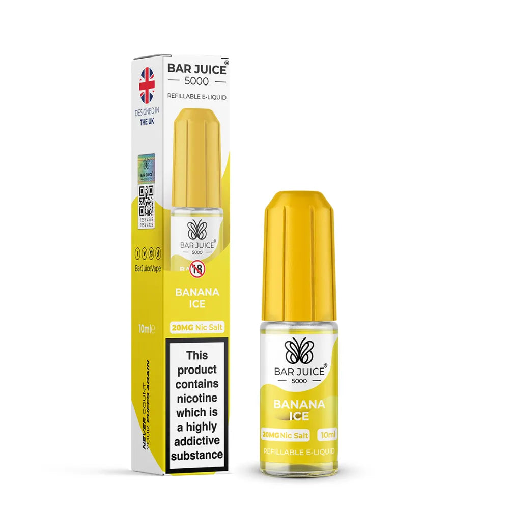 Bar Juice 5000 Banana Ice e-liquid bottle and packaging on a white background