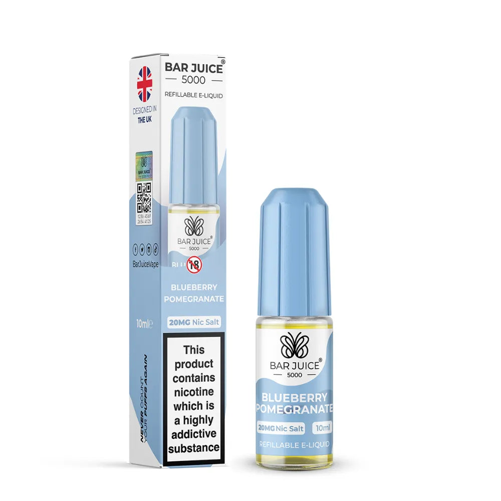 Bar Juice 5000 Blueberry Pomegranate e-liquid bottle and packaging on a white background