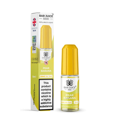 Pear Banana e-liquid bottle and packaging by Bar Juice 5000 on a white background