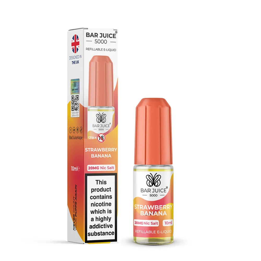 Bar Juice 5000 Strawberry Banana e-liquid bottle and packaging on a white background