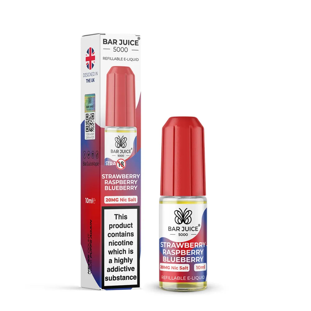Bar Juice 5000 Strawberry Raspberry Blueberry e-liquid bottle and packaging on a white background