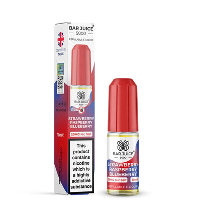 Bar Juice 5000 Strawberry Raspberry Blueberry e-liquid bottle and packaging on a white background
