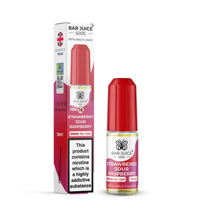 Bar Juice 5000 Strawberry Sour Raspberry e-liquid bottle and packaging on a white background