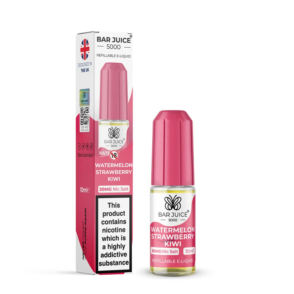 Bar Juice 5000 watermelon strawberry kiwi e-liquid bottle and packaging on a white background