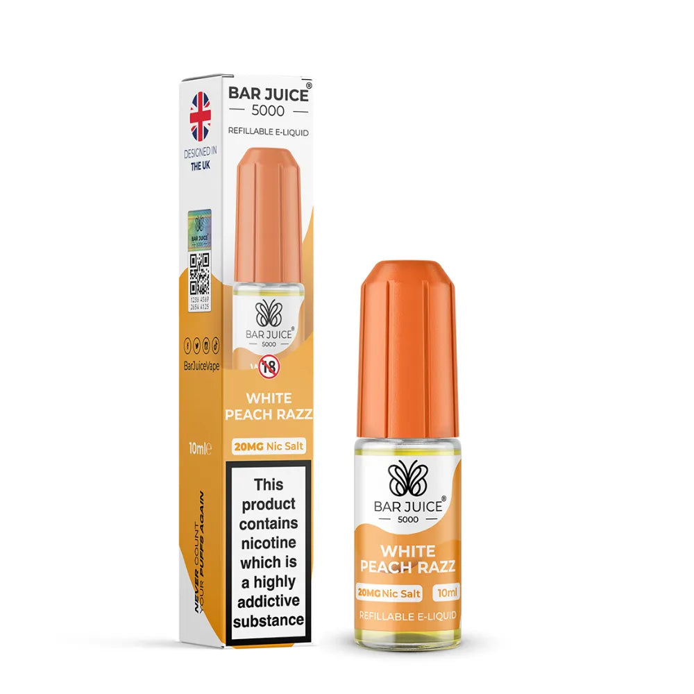 Bar Juice 5000 White Peach Razz e-liquid bottle and packaging on a white background