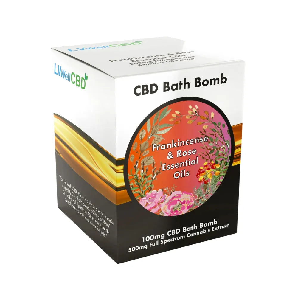 CBD Bath Bomb packaging with floral design and text on a white background