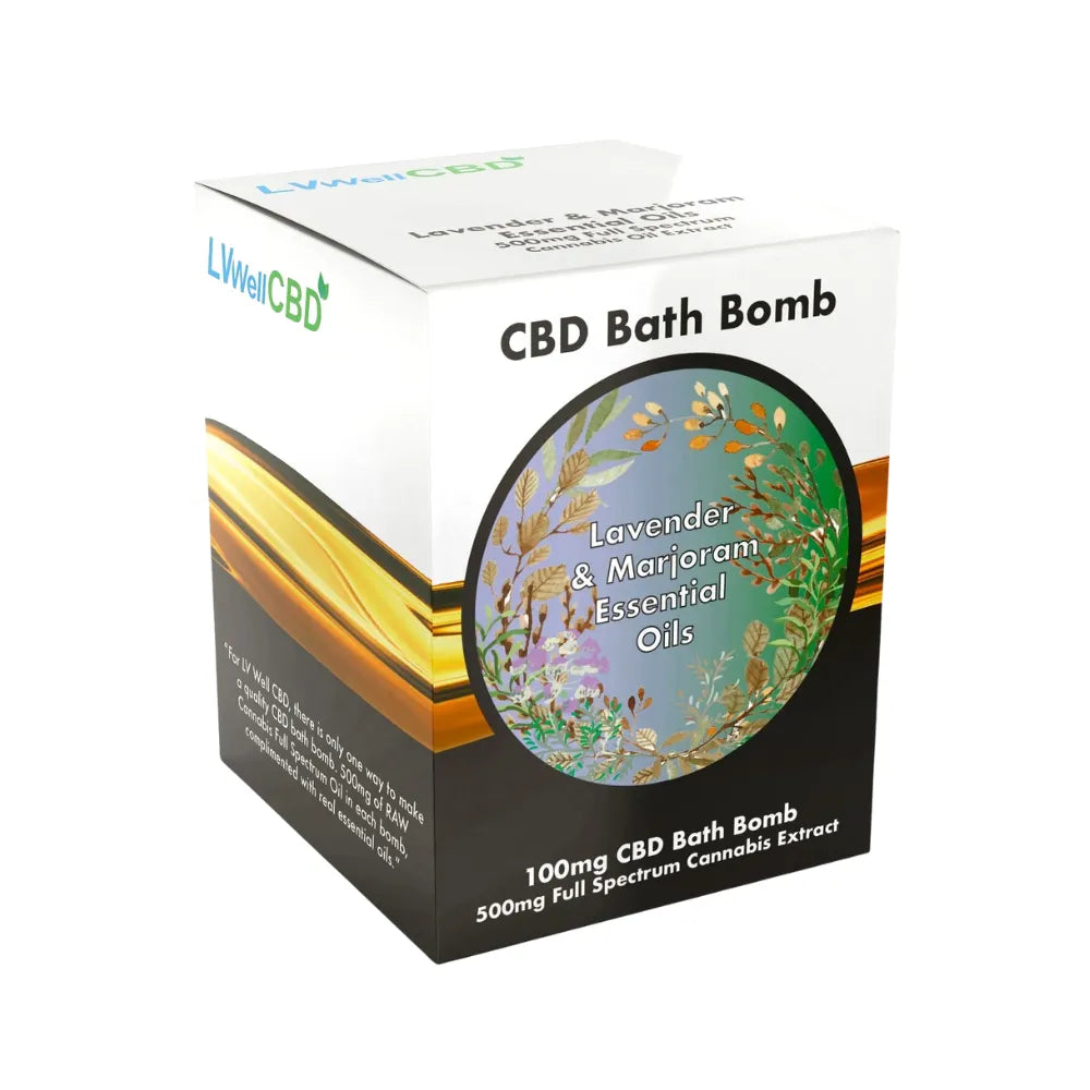 Box of CBD Bath Bomb with Lavender & Marjoram Essential Oils on a white background