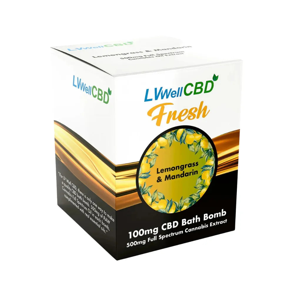 LVWellCBD Fresh Lemongrass & Mandarin CBD Bath Bomb packaging on a white background