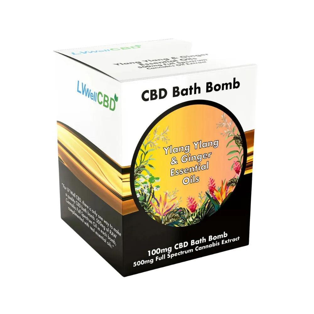 Box of CBD Bath Bomb with Ylang Ylang & Ginger Essential Oils on a white background
