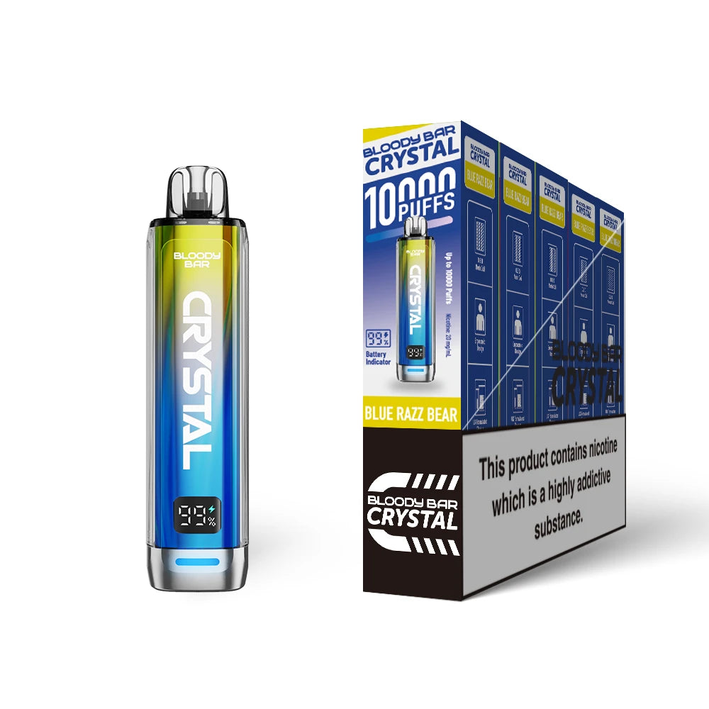 Bloody Bar Crystal 10k vape device in "Blue Razz Bear" flavour with colourful packaging on a white background