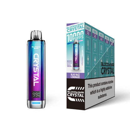 Bloody Bar Crystal 10k vape device in "Blue Razz Lemonade" flavour with colourful packaging on a white background