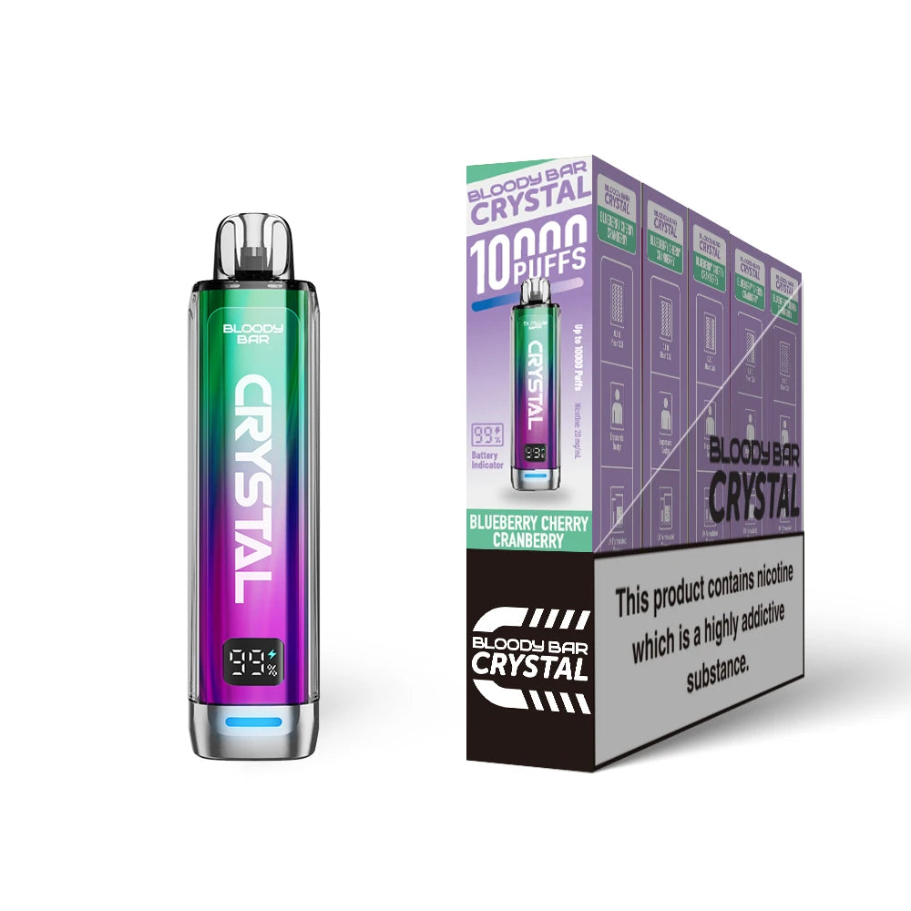 Bloody Bar Crystal 10k vape device in "Blueberry Cherry Cranberry" flavour with colourful packaging on a white background