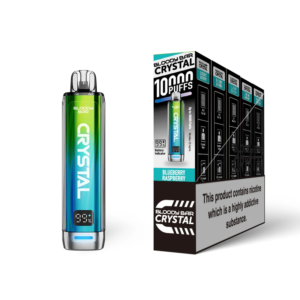 Bloody Bar Crystal 10k vape device in "Blueberry Raspberry" flavour with colourful packaging on a white background