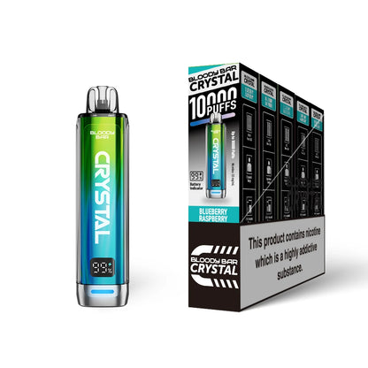 Bloody Bar Crystal 10k vape device in "Blueberry Raspberry" flavour with colourful packaging on a white background