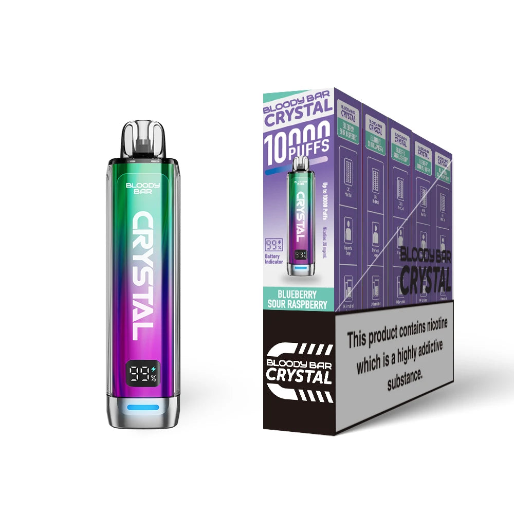 Bloody Bar Crystal 10k vape device in "Blueberry Sour Raspberry" flavour with colourful packaging on a white background