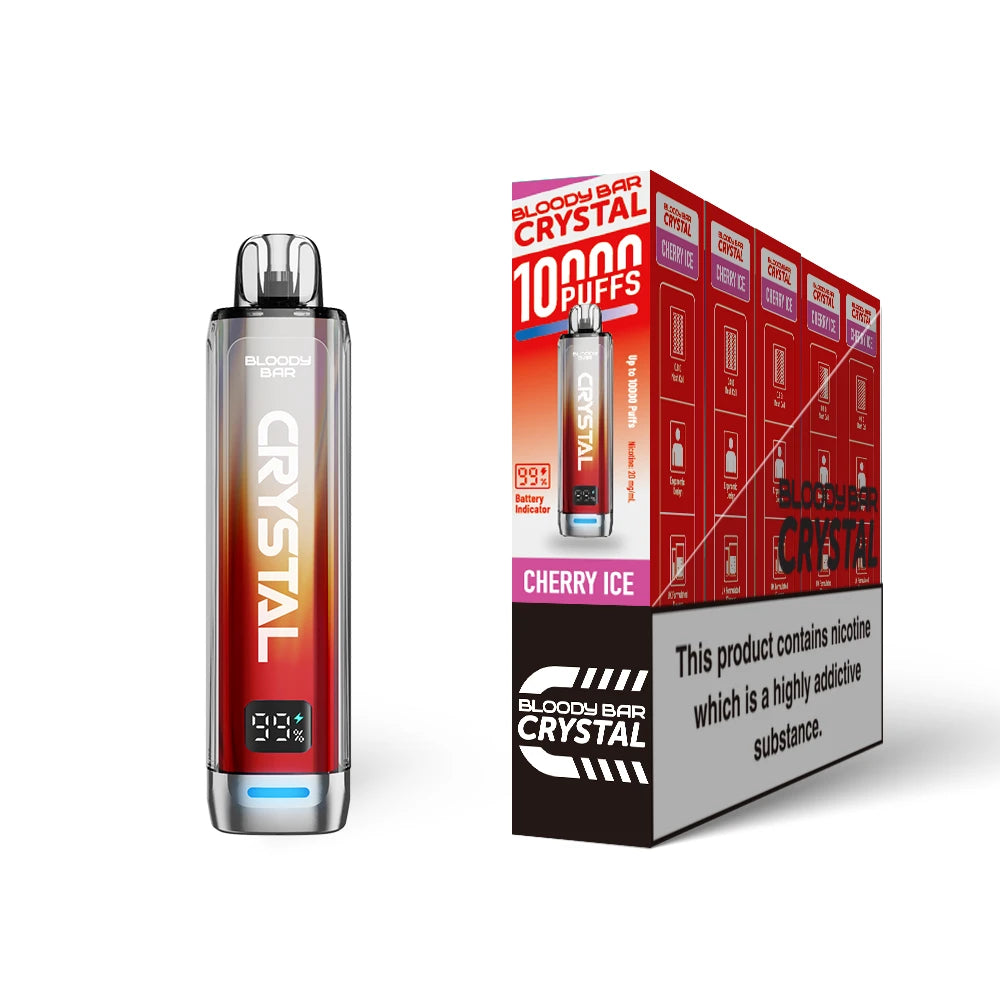 Bloody Bar Crystal 10k vape device in "Cherry Ice" flavour with colourful packaging on a white background