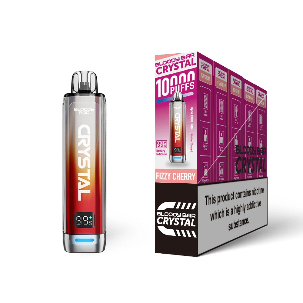 Bloody Bar Crystal 10k vape device in "Fizzy Cherry" flavour with colourful packaging on a white background