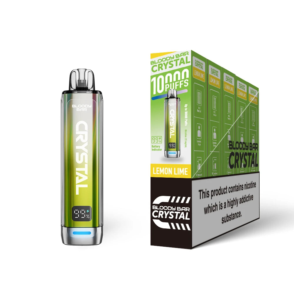 Bloody Bar Crystal 10k vape device in "Lemon Lime" flavour with colourful packaging on a white background