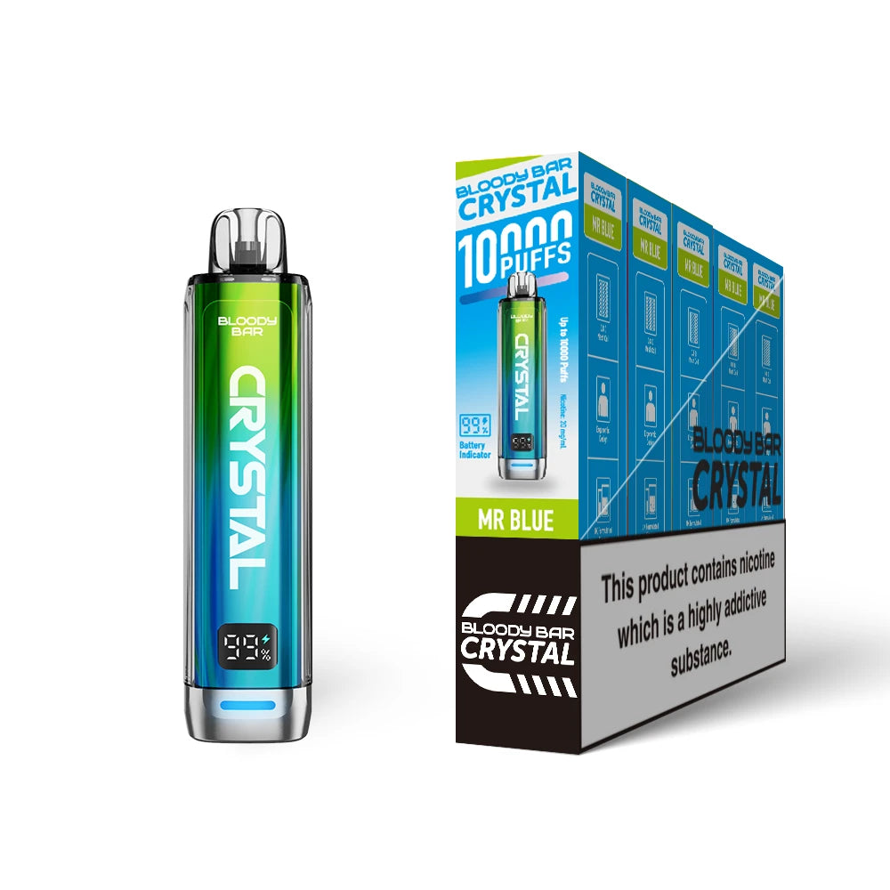 Bloody Bar Crystal 10k vape device in "Mr Blue" flavour with colourful packaging on a white background