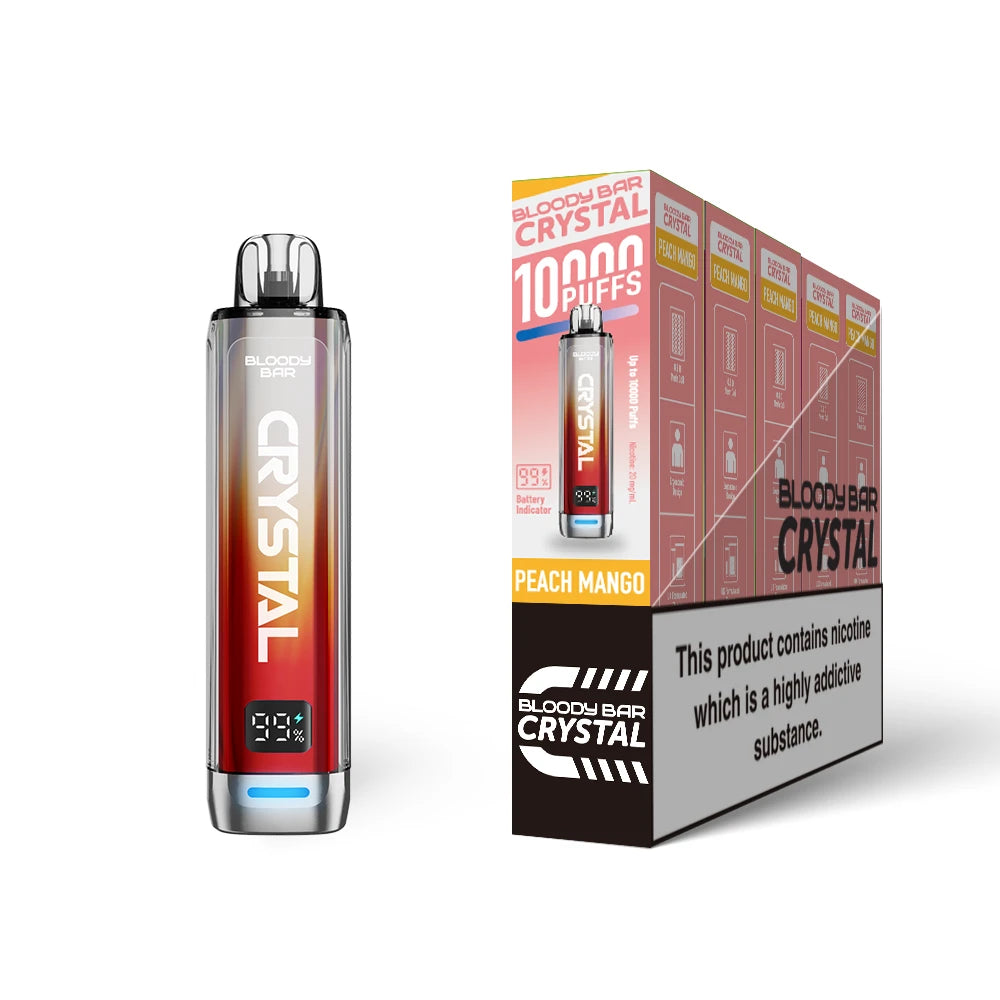 Bloody Bar Crystal 10k vape device in "Peach Mango" flavour with colourful packaging on a white background
