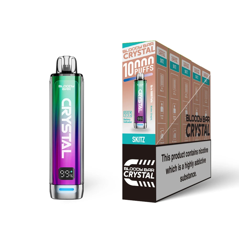 Bloody Bar Crystal 10k vape device in "Skitz" flavour with colourful packaging on a white background