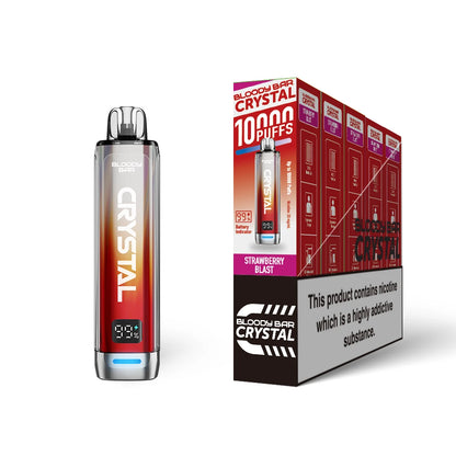 Bloody Bar Crystal 10k vape device in "Strawberry Blast" flavour with colourful packaging on a white background