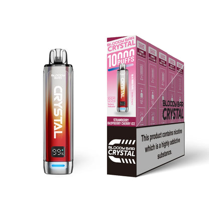 Bloody Bar Crystal 10k vape device in "Strawberry Raspberry Cherry Ice" flavour with colourful packaging on a white background