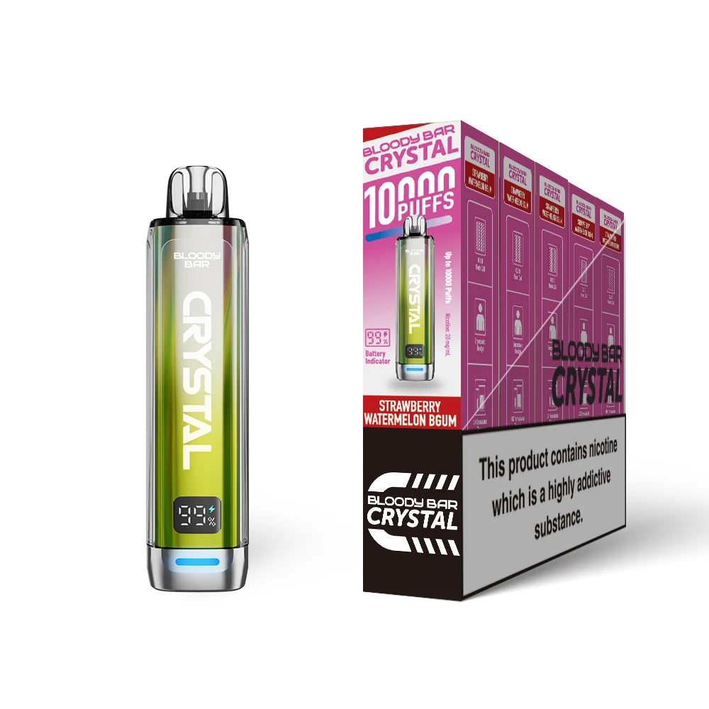 Bloody Bar Crystal 10k vape device in "Strawberry Watermelon Bubble gum" flavour with colourful packaging on a white background