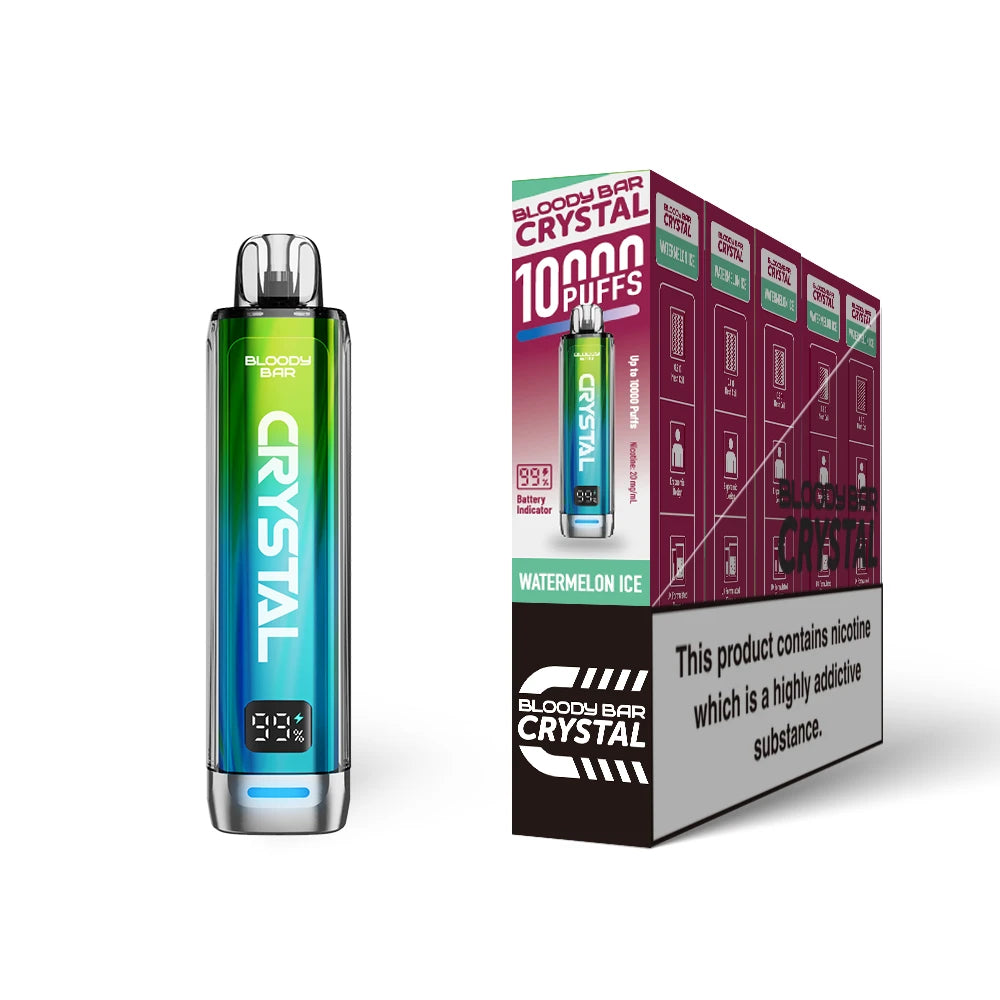 Bloody Bar Crystal 10k vape device in "Watermelon Ice" flavour with colourful packaging on a white background
