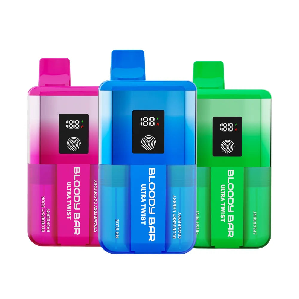 Three colorful vape devices with digital displays on a white background