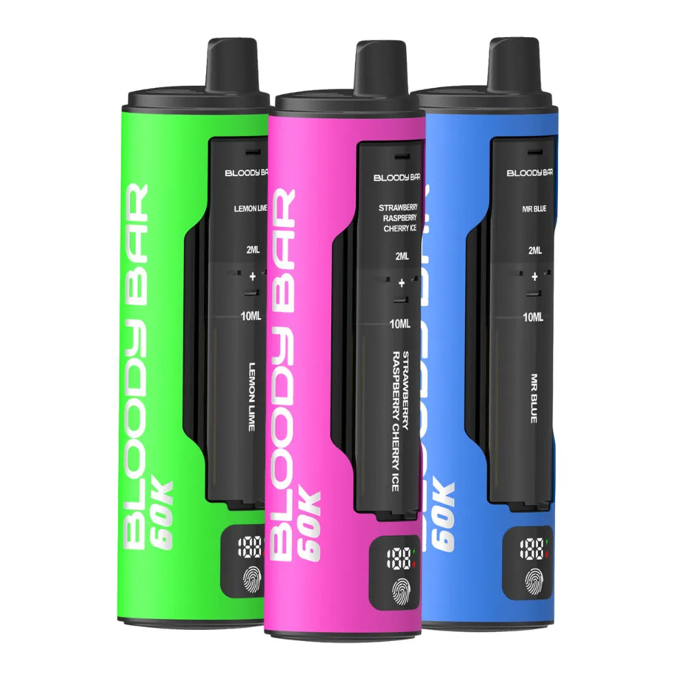Three Bloody Bar vape devices in green, pink, and blue on a white background