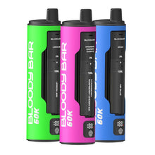 Three Bloody Bar vape devices in green, pink, and blue on a white background