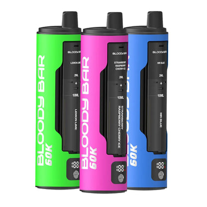 Three Bloody Bar vape devices in green, pink, and blue on a white background