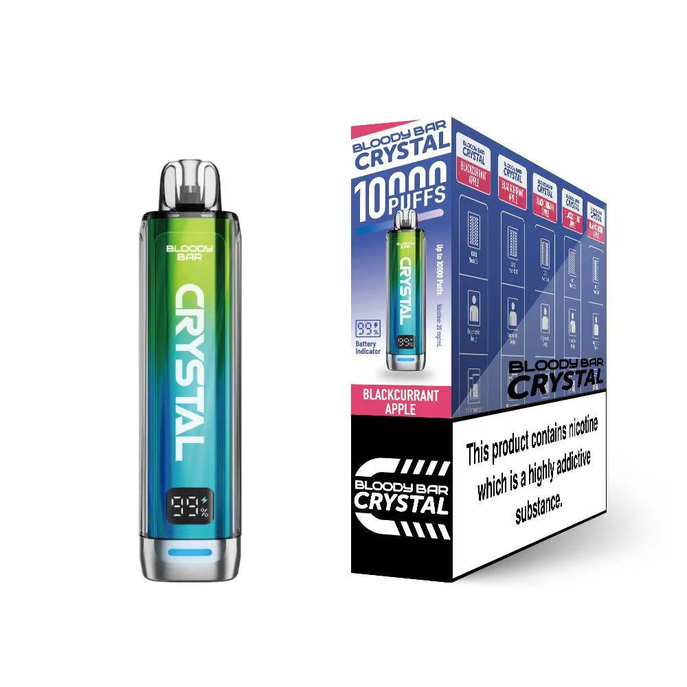 Bloody Bar Crystal 10k vape device in "Blackcurrant Apple" flavour with colourful packaging on a white background