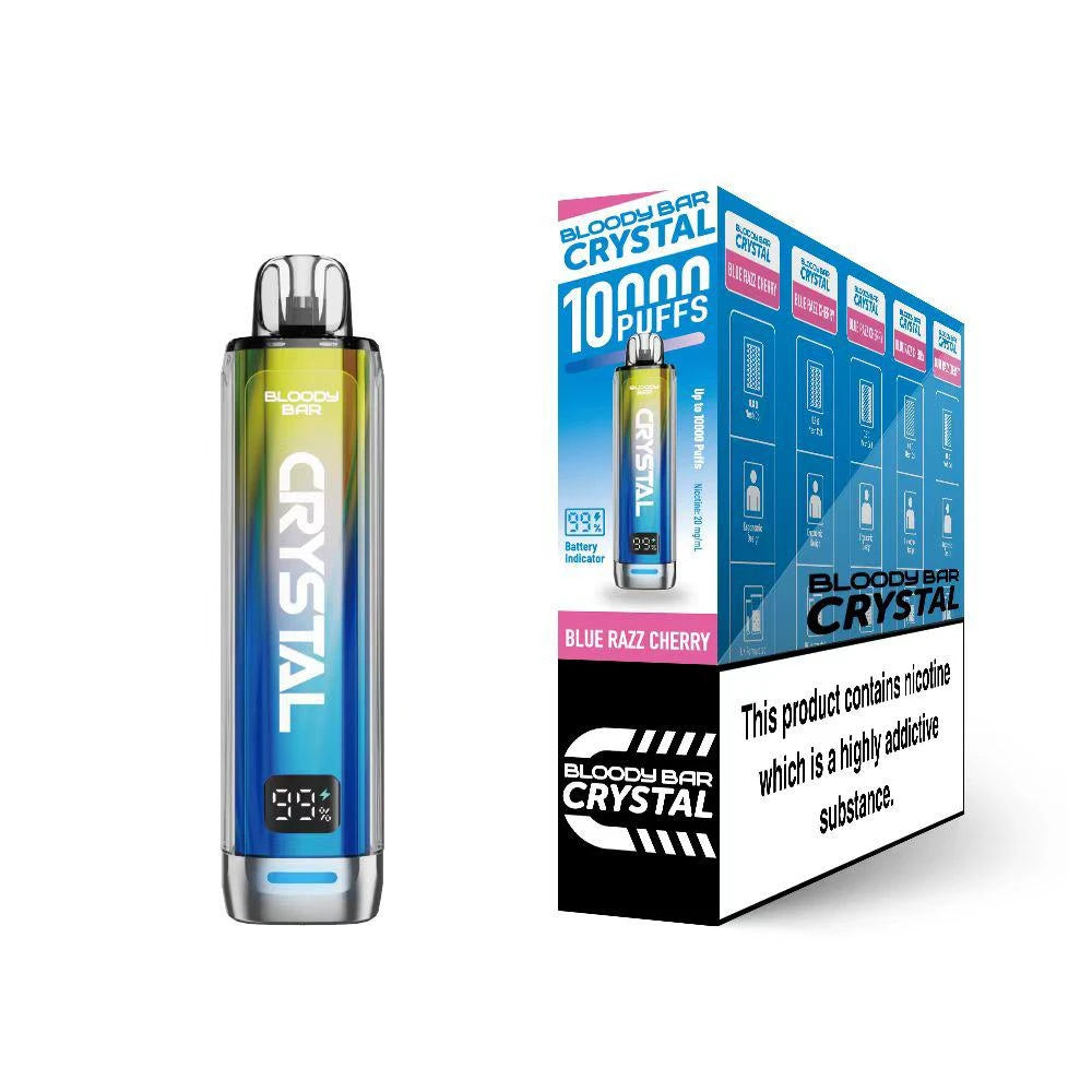 Bloody Bar Crystal 10k vape device in "Blue Razz Cherry" flavour with colourful packaging on a white background