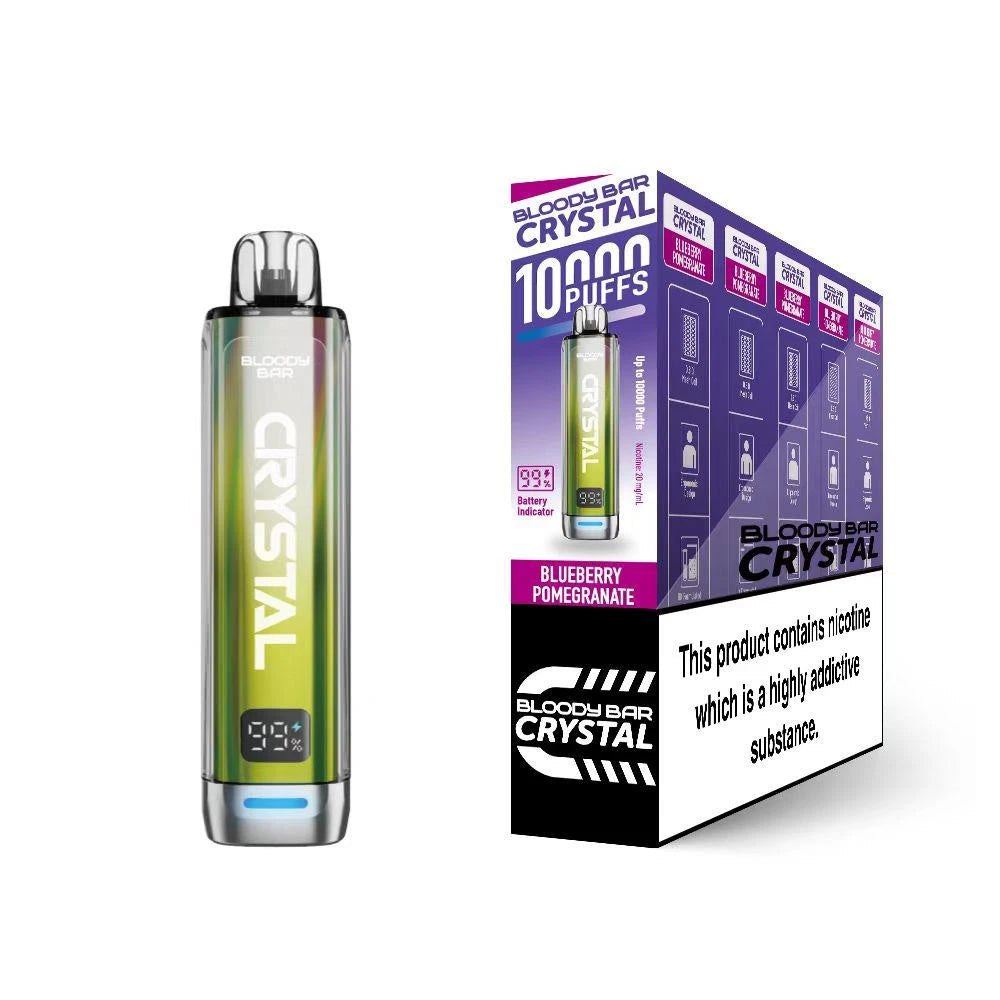 Bloody Bar Crystal 10k vape device in "Blueberry Pomegranate" flavour with colourful packaging on a white background