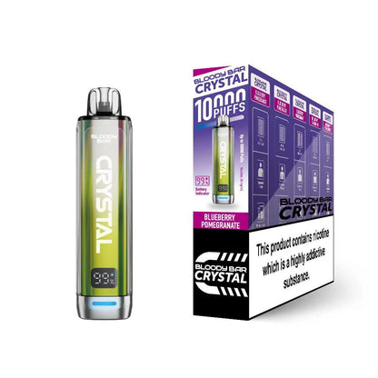 Bloody Bar Crystal 10k vape device in "Blueberry Pomegranate" flavour with colourful packaging on a white background