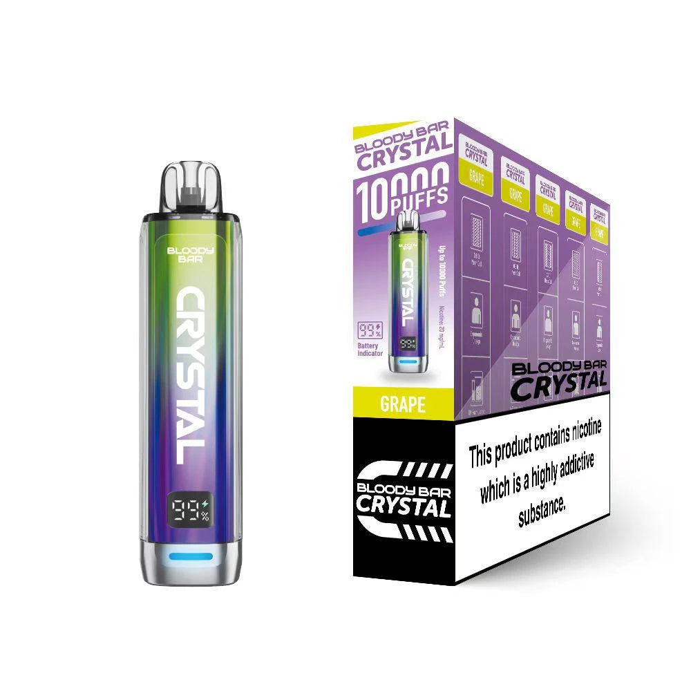 Bloody Bar Crystal 10k vape device in "Grape" flavour with colourful packaging on a white background
