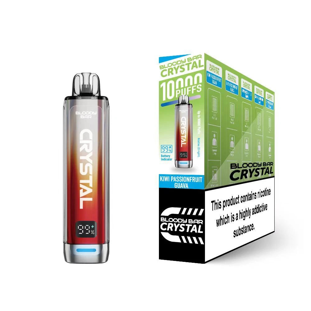 Bloody Bar Crystal 10k vape device in "Kiwi Passionfruit Guava" flavour with colourful packaging on a white background