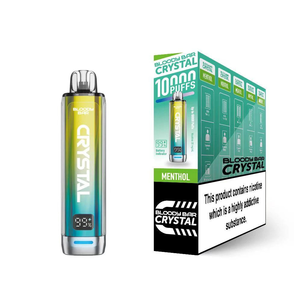 Bloody Bar Crystal 10k vape device in "Menthol" flavour with colourful packaging on a white background